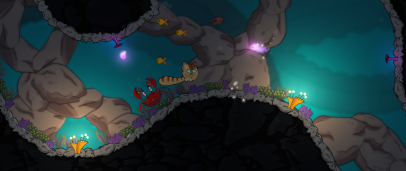 Screenshot from the game. You can see the player character, a red crab, a school of tiny fish and some environmental hazards.