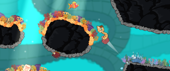 Screenshot from the game. You can see Fifi, Perry, jumping Seatoad, strolling Urchin. The environment is bright and full of colors.  