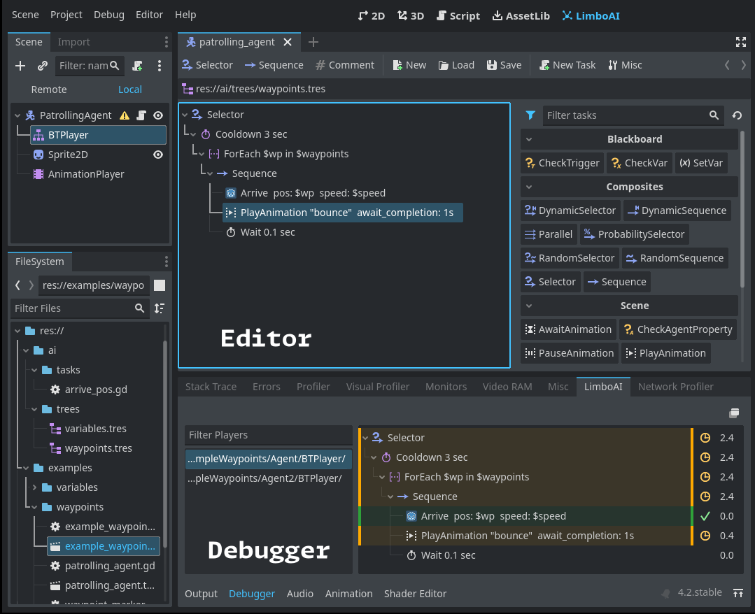 A screenshot for the operation of the LimboAI Godot plugin. You can see behavior tree editor debugger in action