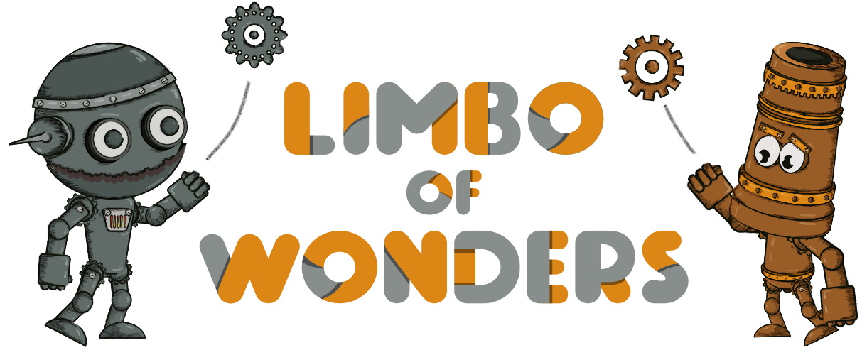 A version of the Limbo of Wonders logo. It includes the company name and two robots throwing cogs, standing on either side of the letters.